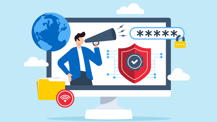 cartoon sytle image of a computer monitor with a figure announcing certification achievements