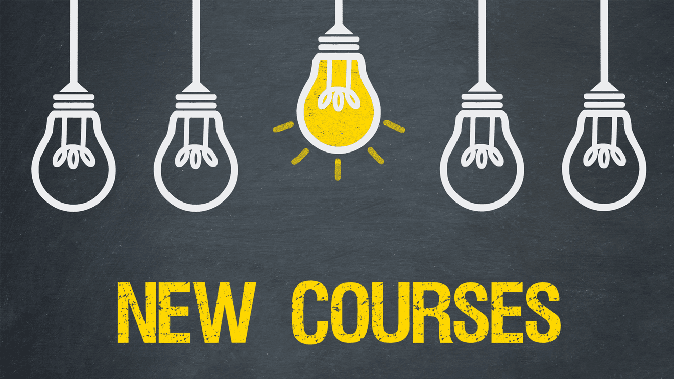 illlustration of bulbs hanging and says "new courses" in yellow below
