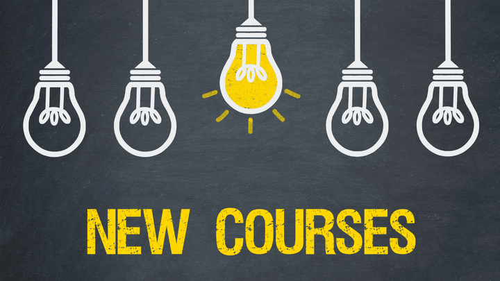 illlustration of bulbs hanging and says "new courses" in yellow below