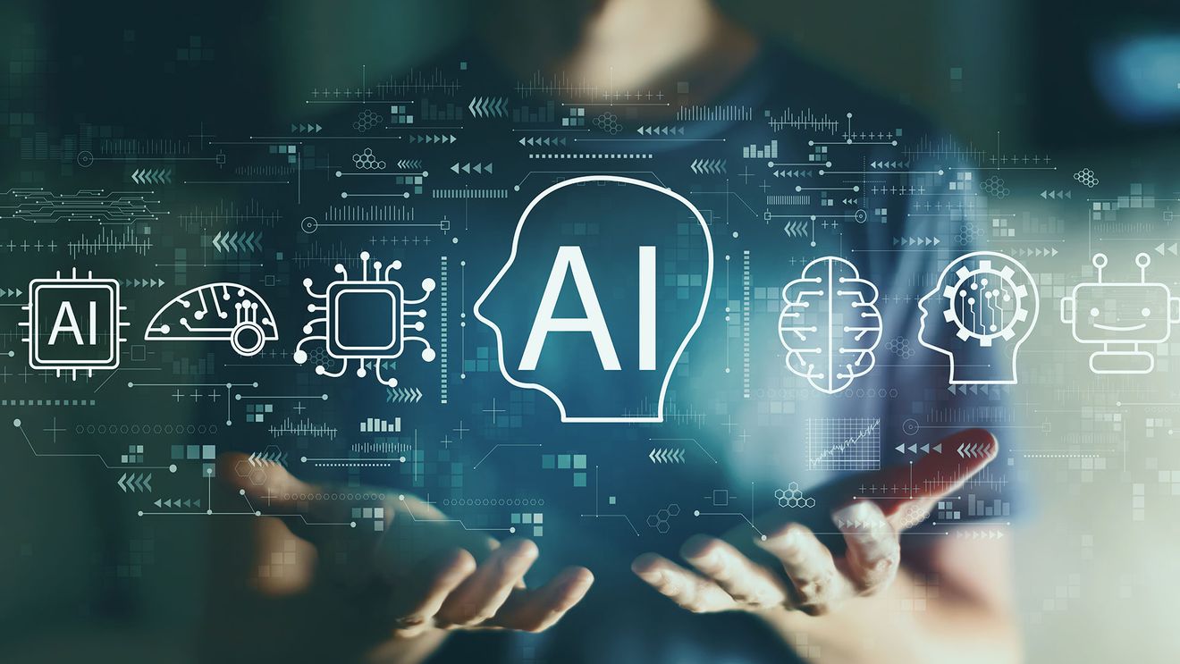 Abstract AI icon floating above a person hands