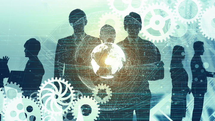 group of shadowy business figures set against images of cogs