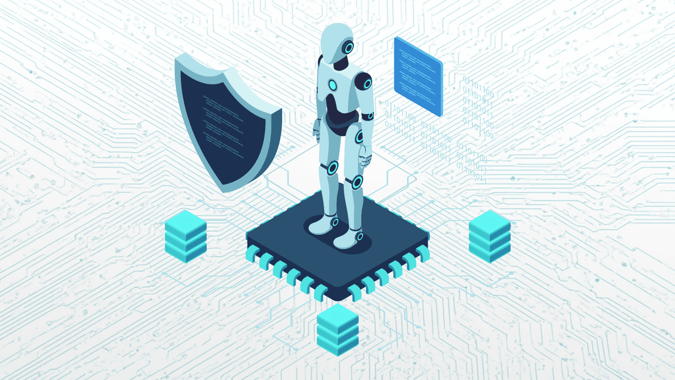 Graphic of a robot standing on computer parts with a security shield, representing AI security for a CompTIA SecAI+ blog