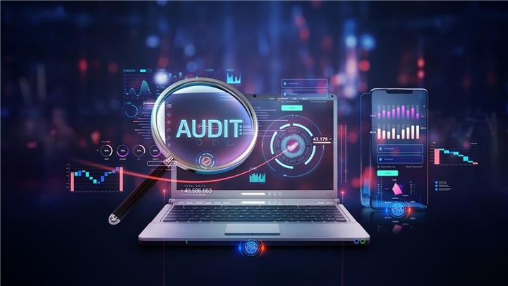 laptop floating with audit icon in neon glow colors