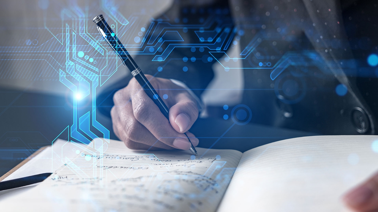 person writing in notebook with tech graphics floating