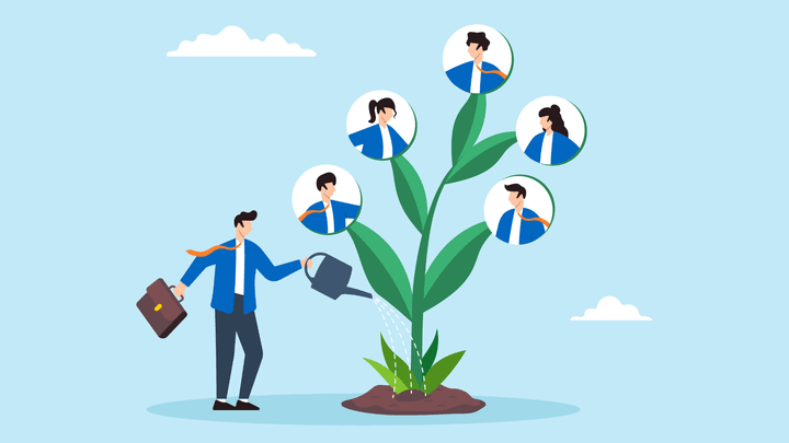 Animated image of man in business suit watering a plant with blooms representing how upskilling employees boosts performance and keeps your business competitive.  concept of a culture of growth.