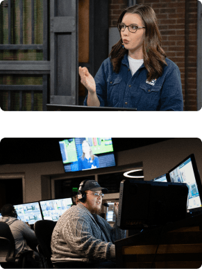 two photos, top one is of woman talking, bottom one is man sitting at desk producing video