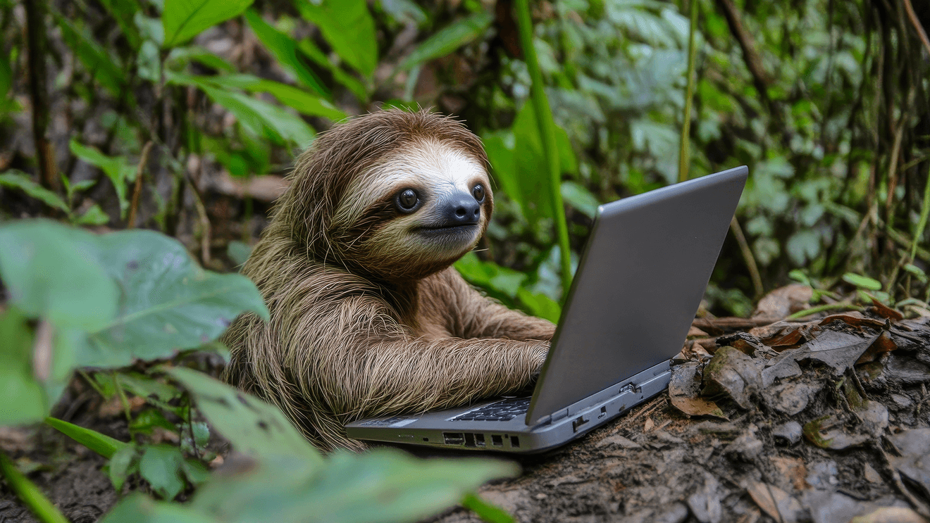 sloth on a laptop in the woods