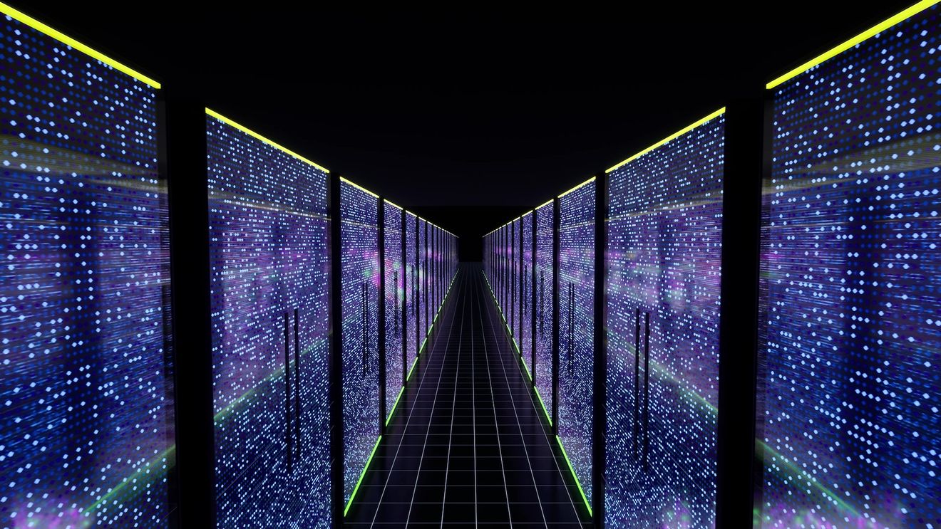 A glowing room of AI data center server racks