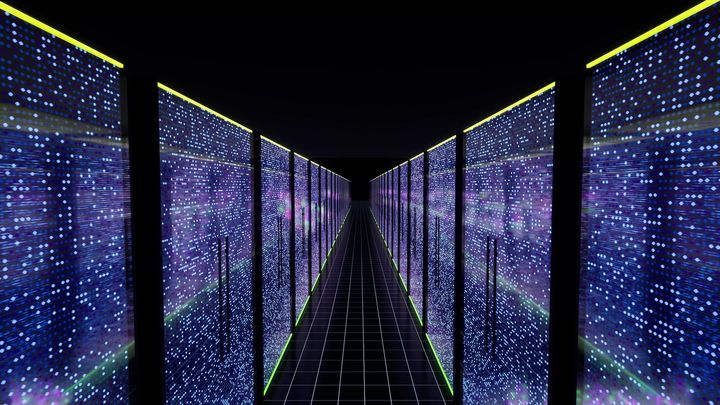 A glowing room of AI data center server racks