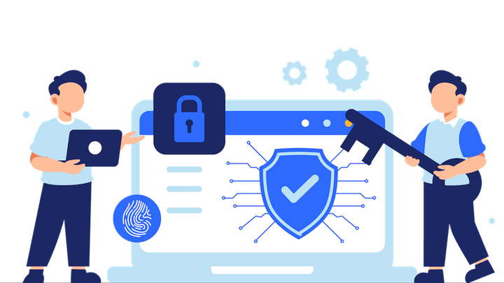 A digital drawing of two people interacting with computer screens and elements representing cybersecurity