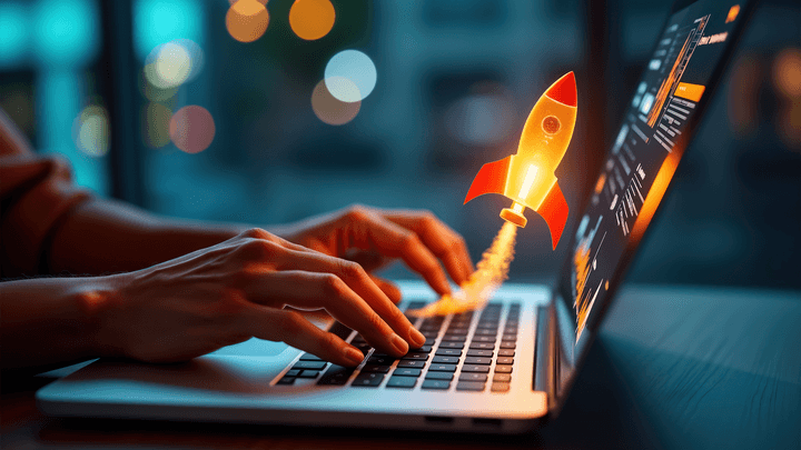 laptop with animated rocket ship flying off keyboard