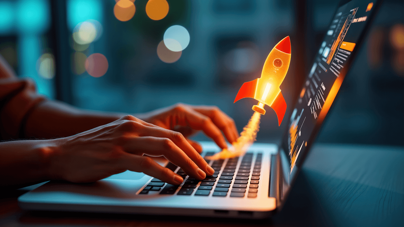 laptop with animated rocket ship flying off keyboard