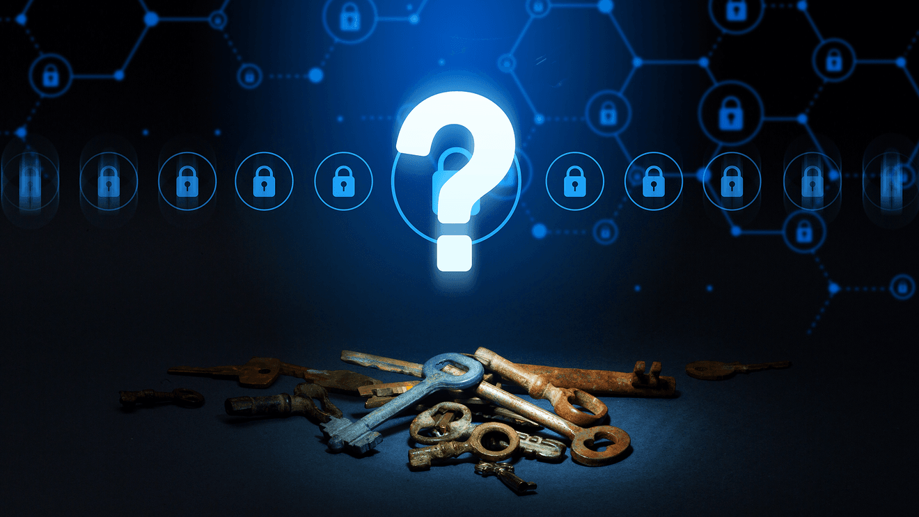 Question mark illuminated over pile of keys