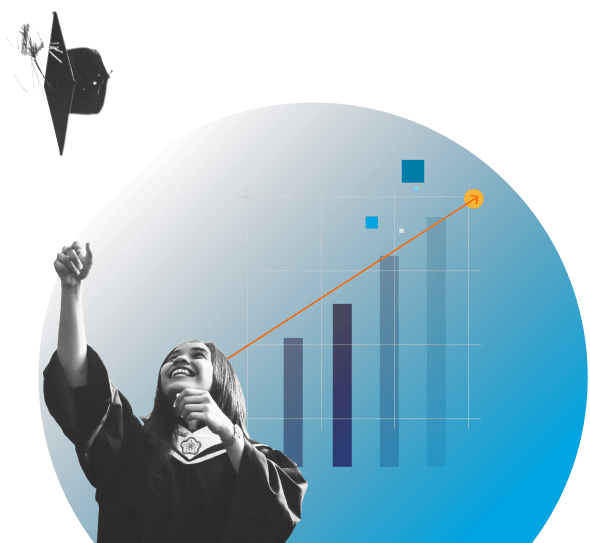 graduating woman throwing cap in the air with graph in background