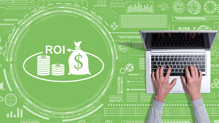 ROI of tech career with green backdrop and laptop in foreground