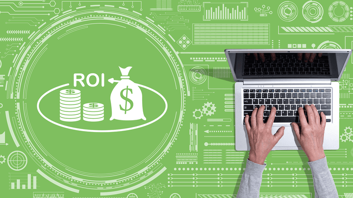 ROI of tech career with green backdrop and laptop in foreground