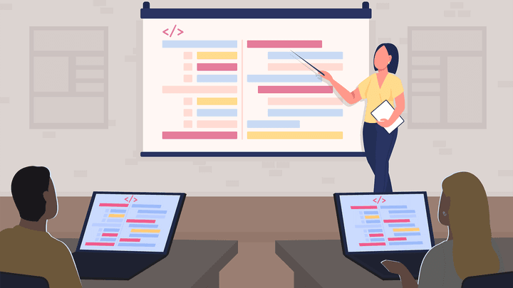illustration of professor pointing to screen in front of tech enabled classroom