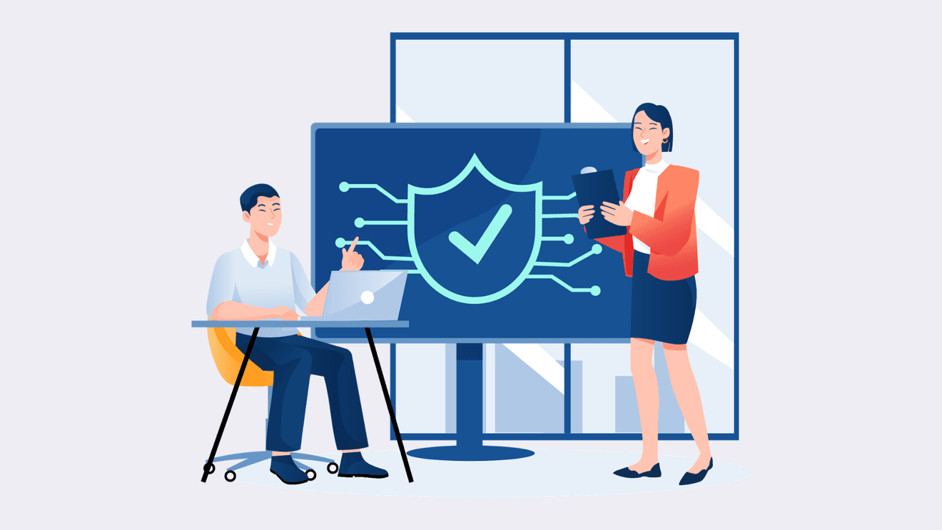 Illustration of IT and cybersecurity professionals reviewing secure digital infrastructure and cybersecurity training concepts