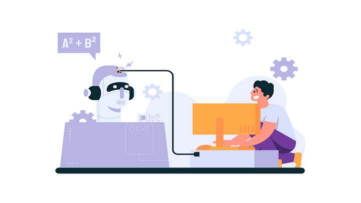 illustration of an AI engineer creating an AI program for a robot. 